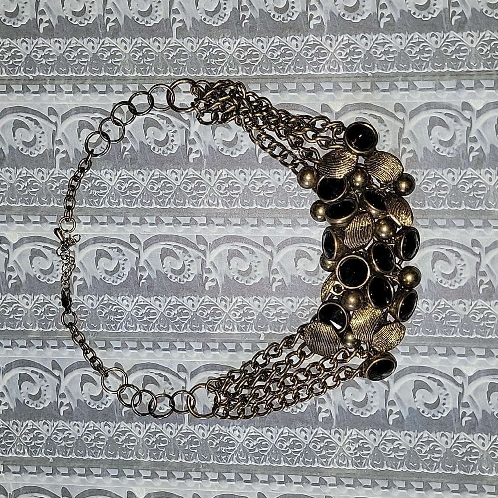 Multi-Strand Necklace With Black Faceted Plastic Faux Stones